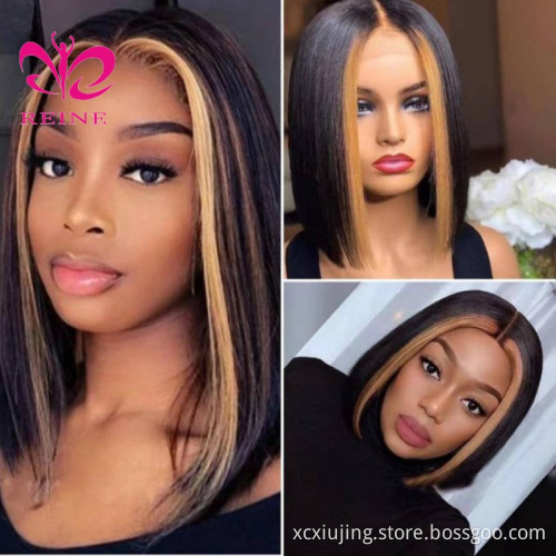 150% 4x4 Lace Closure Human Hair Wigs For Women #27 Highlight Wig Brazilian Remy Honey Blonde Ombre Short Bob Lace Closure Wigs